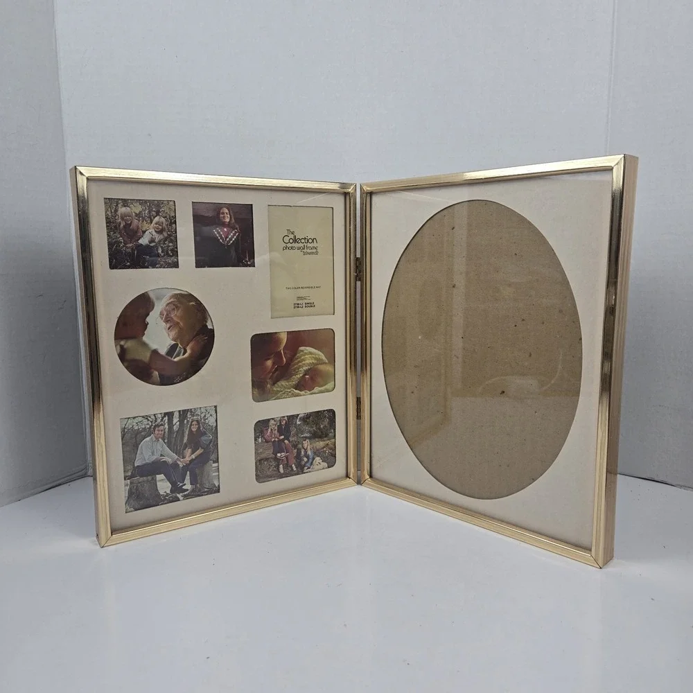 Vtg 80s Gold Tone Hinged Bi-fold Metal Photo Frame Collage & Oval Matte 11x9 USA